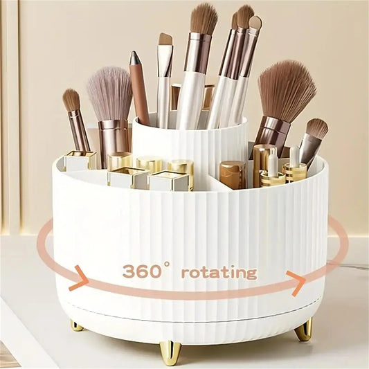 360° Rotating Makeup Organiser – 5-Compartment Cosmetic Storage for Brushes