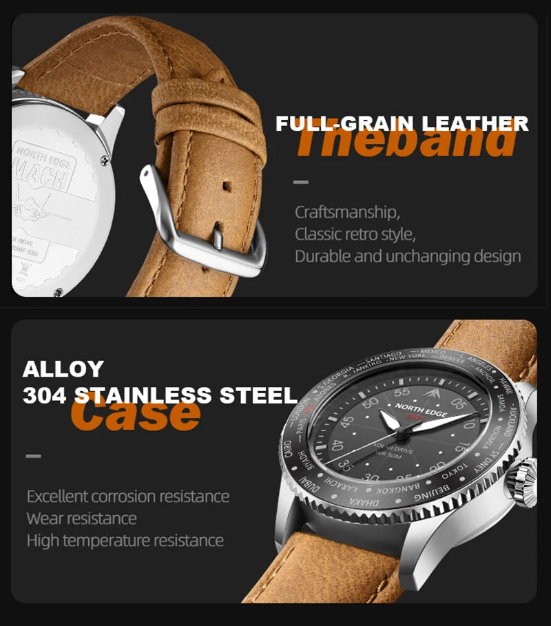 NORTH EDGE MACH Solar Power Quartz watch Men Waterproof 50M Men's Pilot Sports Wristwatches Luminous Enviormentally Clock