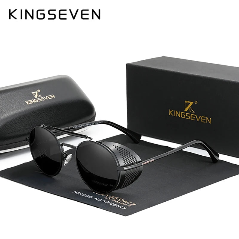 KINGSEVEN Retro Gothic Steampunk Sunglasses Polarized UV400 Men Women Fashion Vintage Eyewear Round Frame Fishing Male Glasses