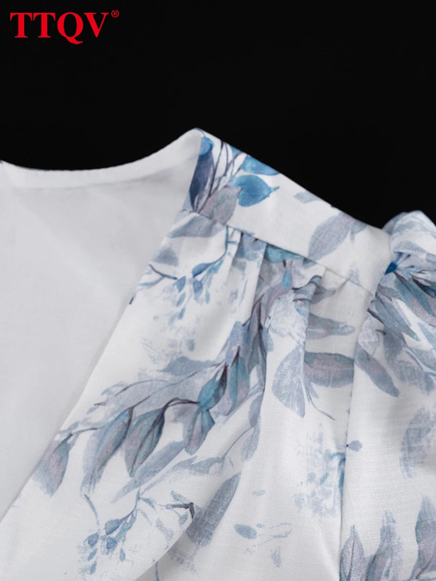 TTQV Sexy Slim Print Women's Dress 2026 Summer V-Neck Short Sleeve Mini Dresses Elegant Classic Ruffles Female Dress Streetwear