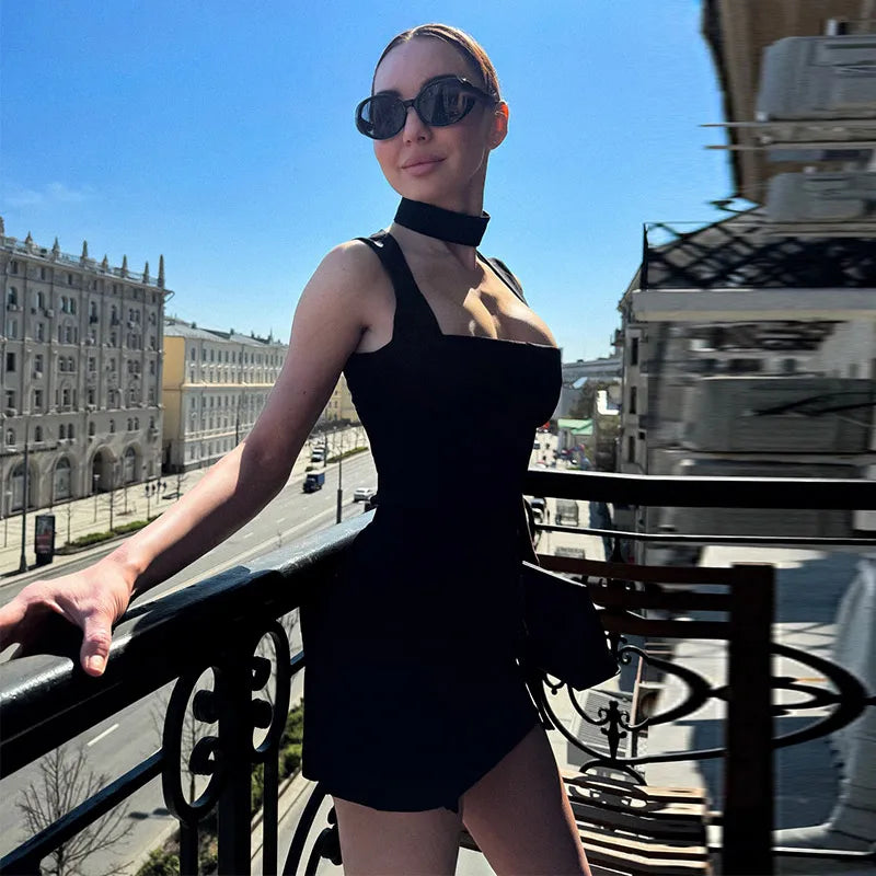 Elegant Printed Women's Dress Sleeveless Square Collar Waist-Closed Lady Mini Dresses With Waist Tape 2026 Summer Female Robe