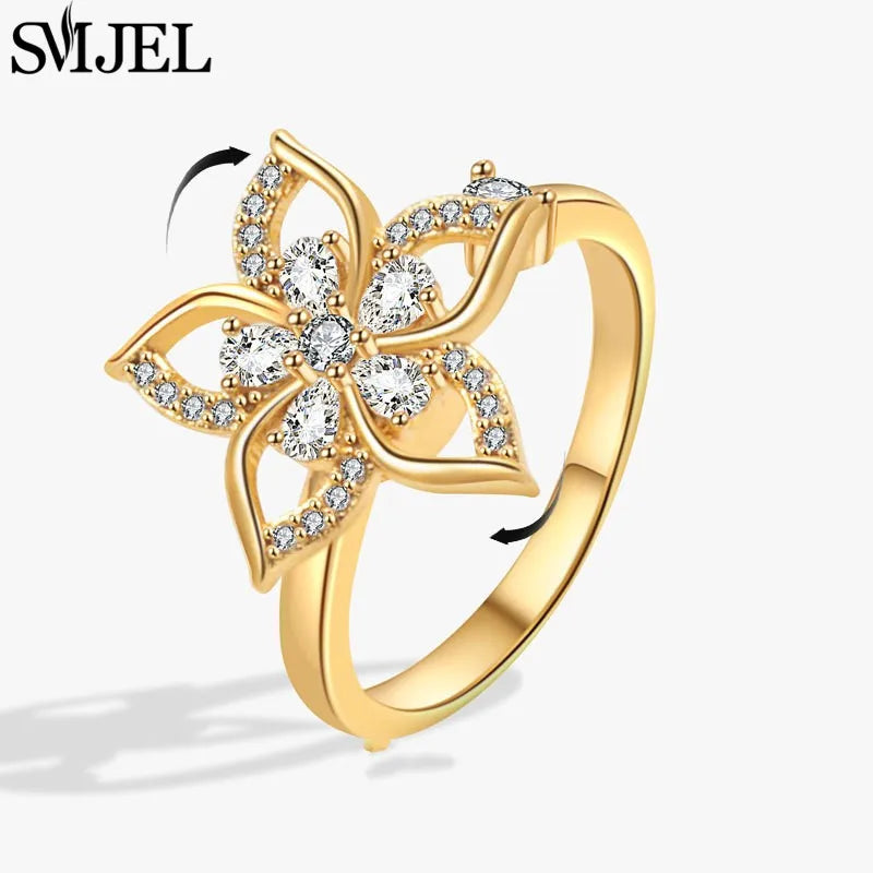 Bohemia Fidget Spinner Ring Anxiety for Women Multiple Crystal Flower Adjustable Open Rings Rotate Anti Stress Wedding Jewelry