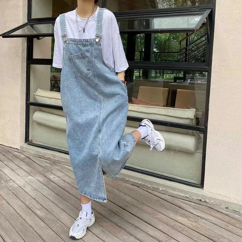 New Irregular Split Cowboy Denim Dress Women Sleeveless Jeans Dresses Fashion Female Solid  Casual Loose Strap Dresses