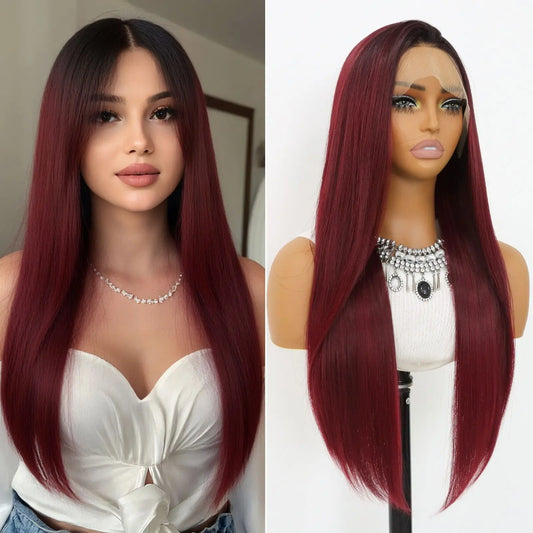 Ombre Burgundy 13x4 Synthetic Lace Front Wig – Long Straight Wine Red 24 Inch