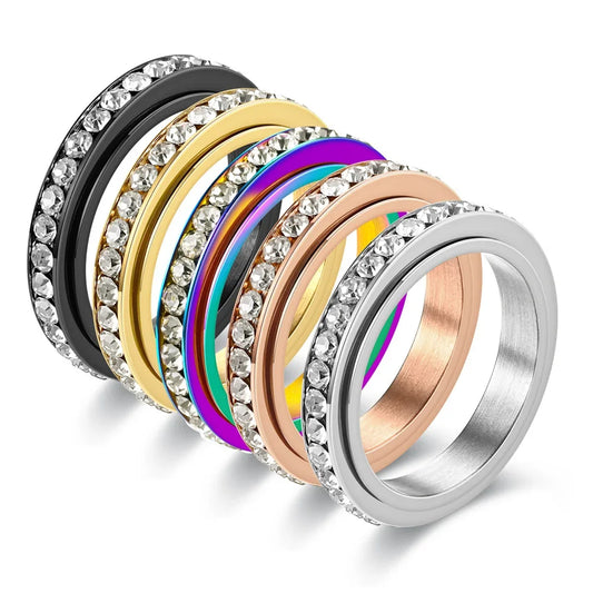 4mm Stainless Steel Crystal Spinner Ring – Rotatable Fashion Wedding Jewellery for Men & Women