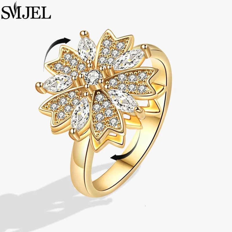 Bohemia Fidget Spinner Ring Anxiety for Women Multiple Crystal Flower Adjustable Open Rings Rotate Anti Stress Wedding Jewelry
