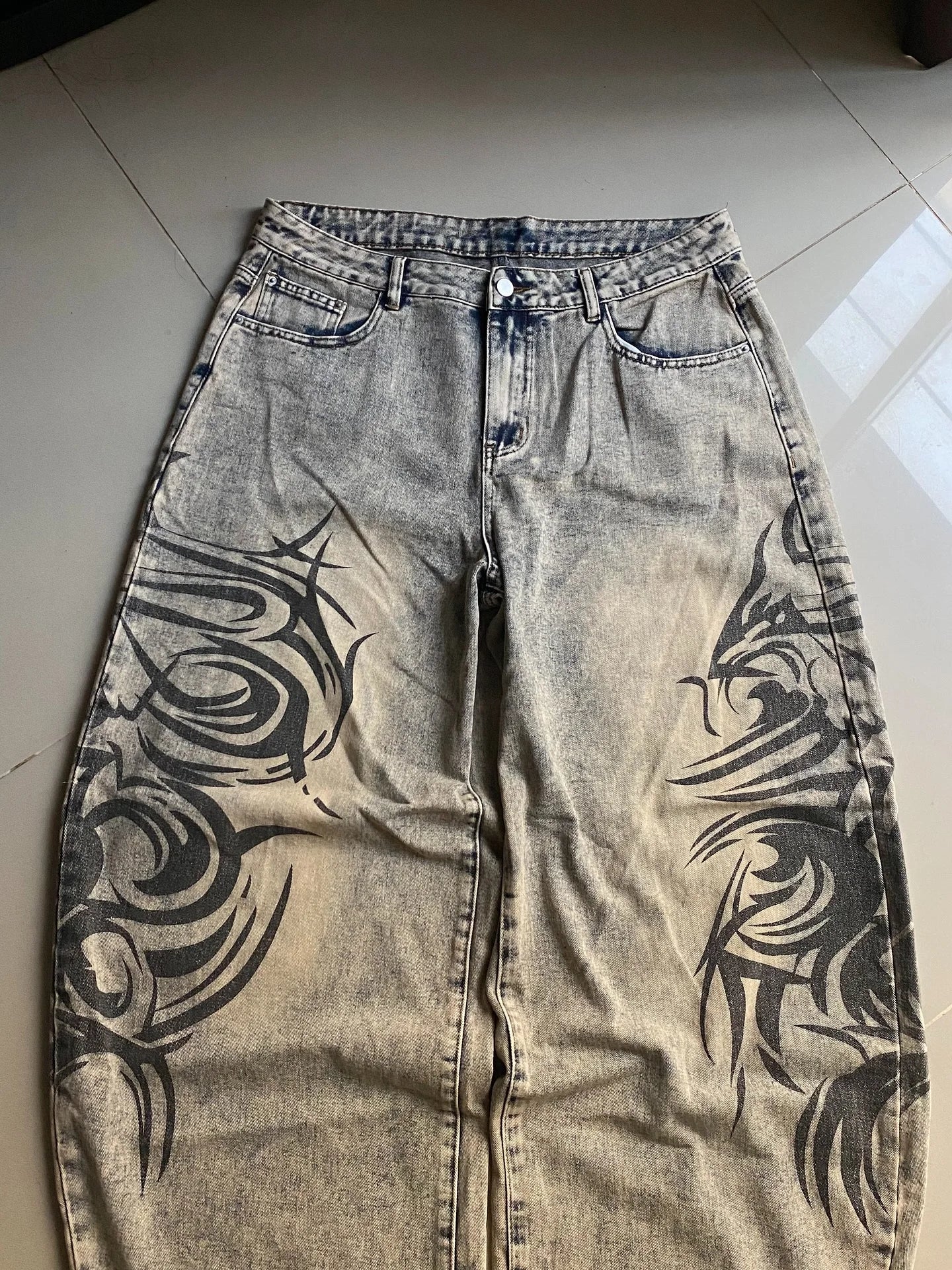 American Y2K New Grey Printing Baggy Jeans Men Women High Street Vintage Hip Hop Harajuku Casual Joker Couple Wide-leg Pants