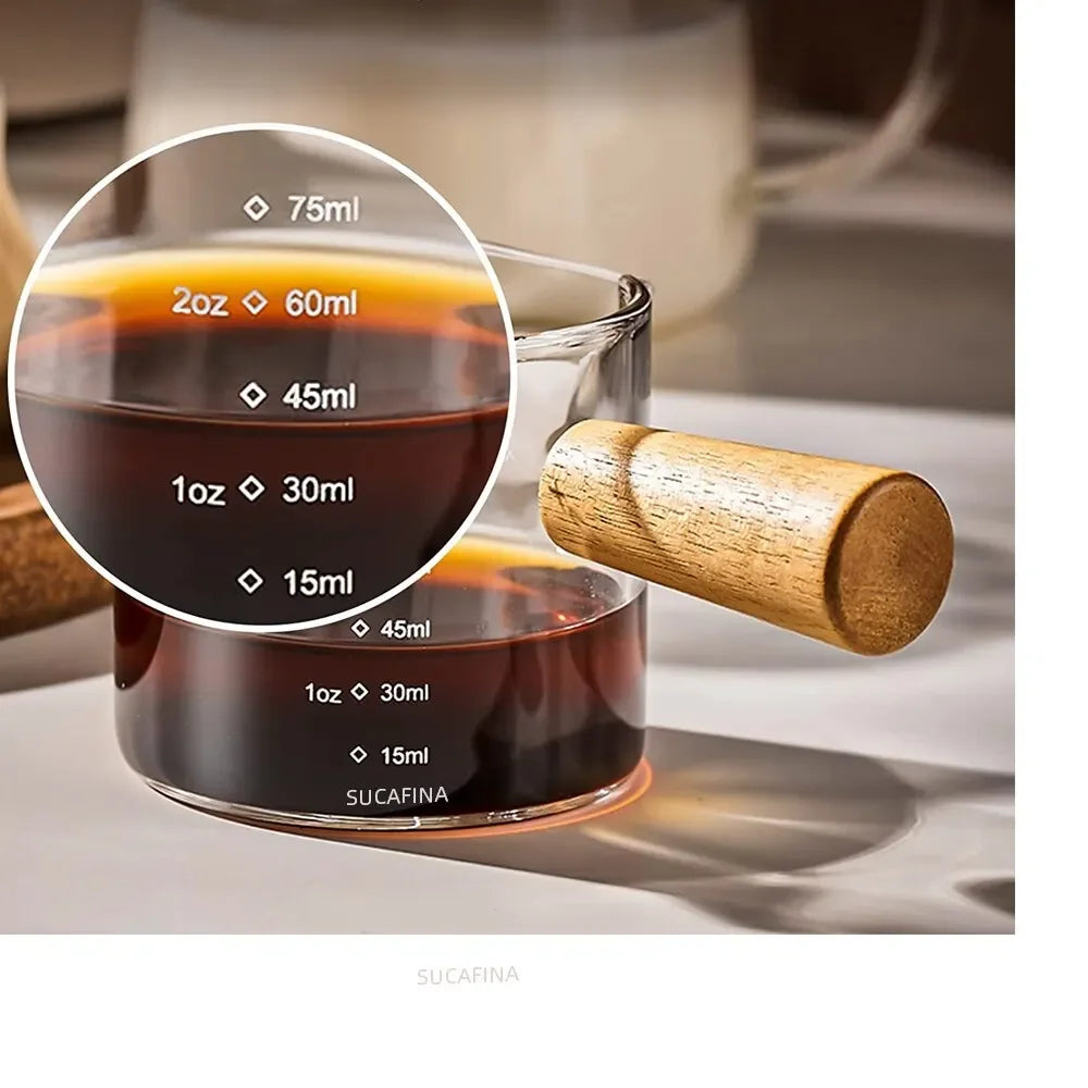 Glass Espresso Measuring Cup with Wooden Handle – Single & Double Shot Jug