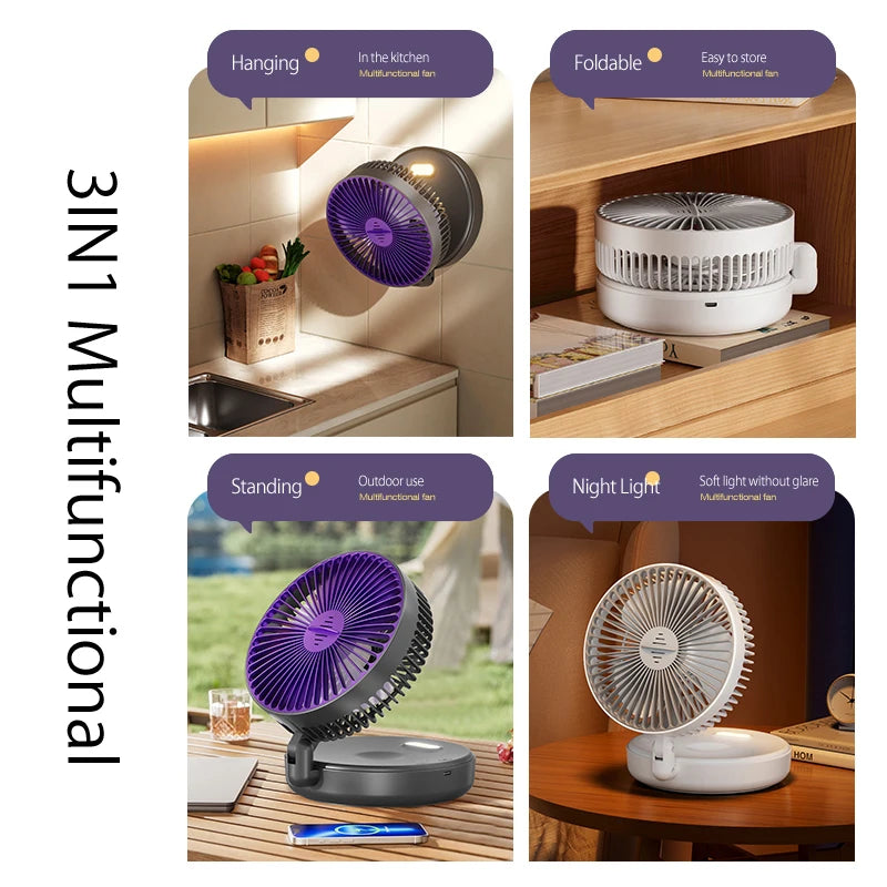Rechargeable 3-in-1 Portable Fan with Night Light — Wall Mount, 90° Fold, 4 Speeds