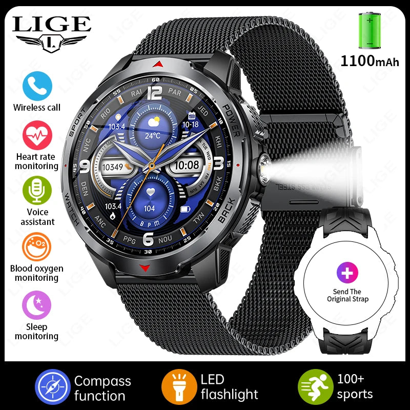 LIGE 1100mAh Battery Smart Watches For Man Outdoor Sport LED Flashlight Compass Men’s Smartwatch Bluetooth Call Men 2026 Watches