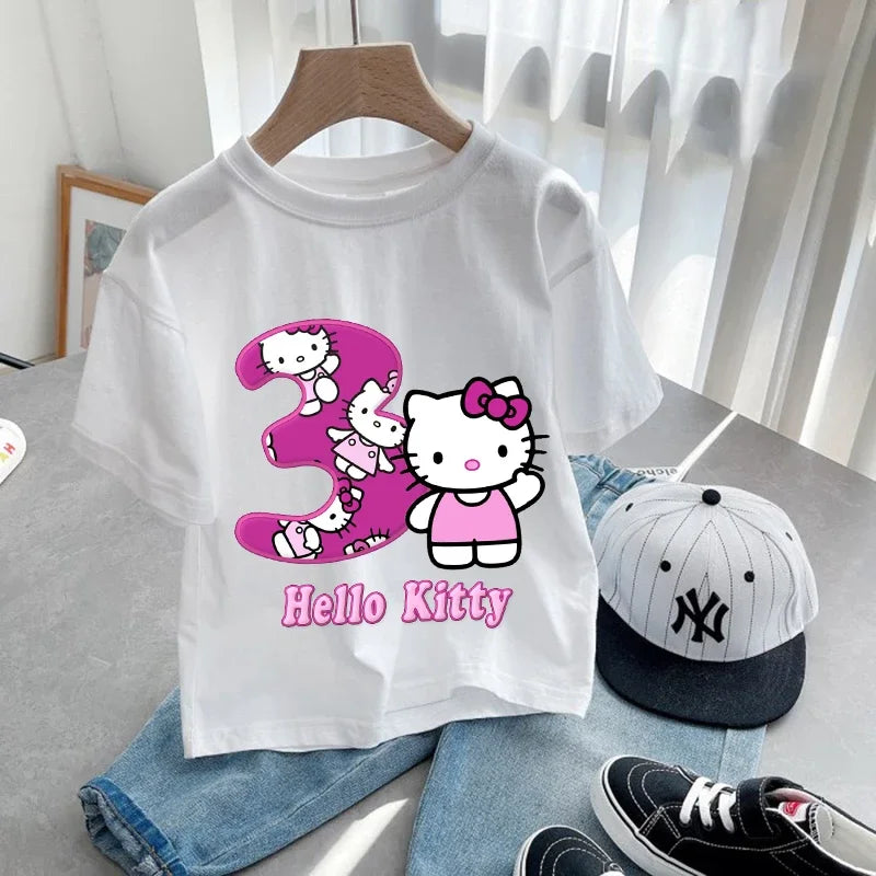 Hello Kitty Children Birthday Number 1-9 T-shirt Party Supply Gift Sanrio Cartoon Clothes Baby Tops Summer Short Sleeve T-shirts