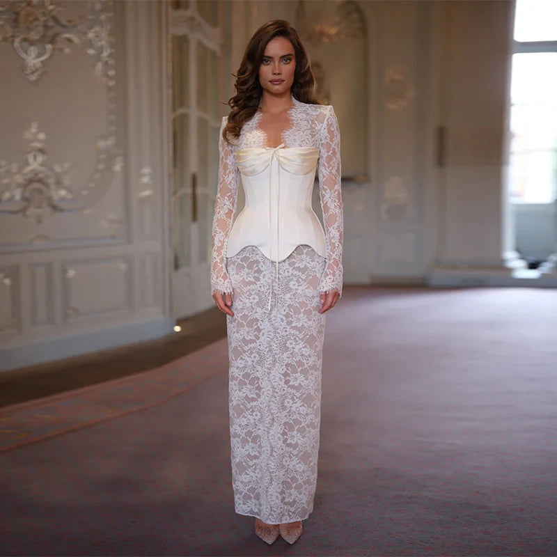 Lace Sheer Sweetheart Neck Maxi Dress Long Sleeve Corset Waist Mermaid Hem Bridal Gown 2026 Summer Elegant Form-Fitting Dresses