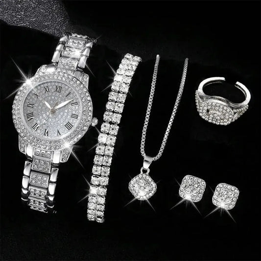 6-Piece Women's Crystal Quartz Watch & Rhinestone Bracelet Set