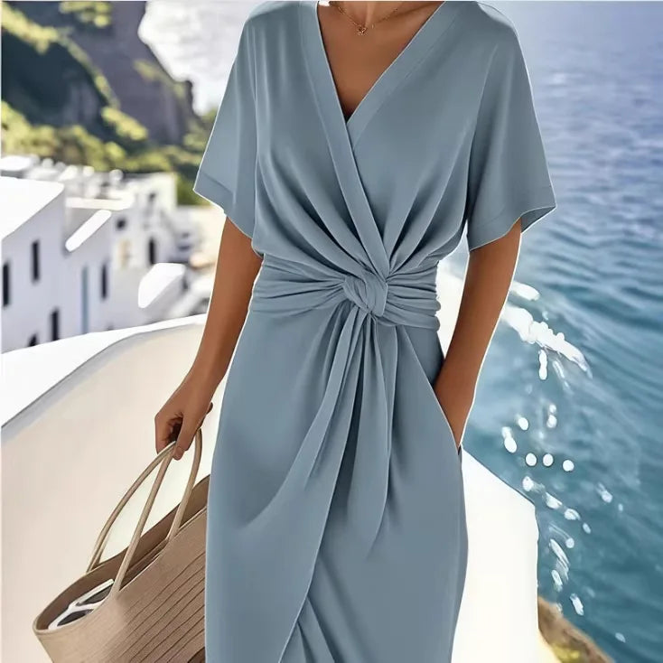 Women Dresses 2026 new fashion solid color wrapped lace-up V neck slit knot mid-calf dresses women's clothing vestidoes