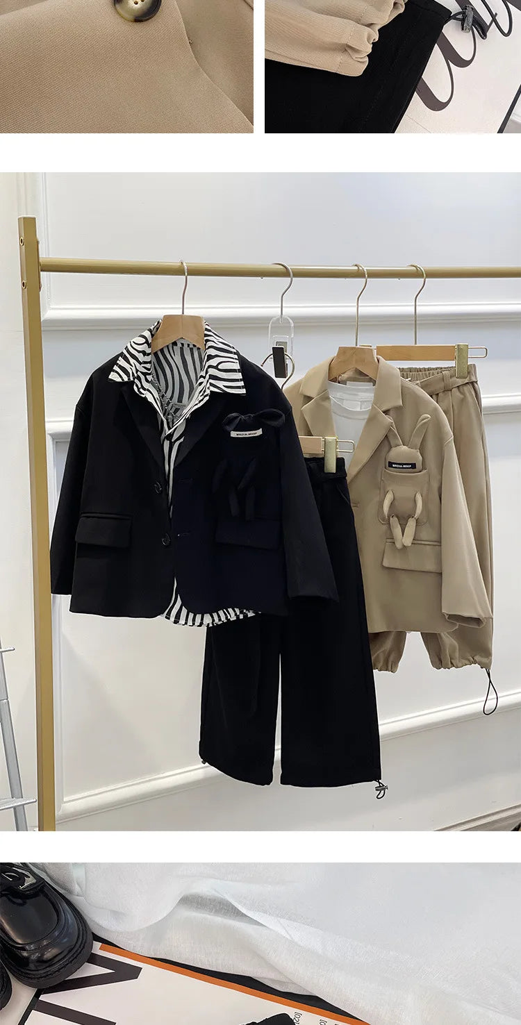 Kids Suits Fashion Casual Blazers Wide-legged Trousers 2 Piece Girls Clothes Set Khaki Loose Children Wedding Birthday Costumes