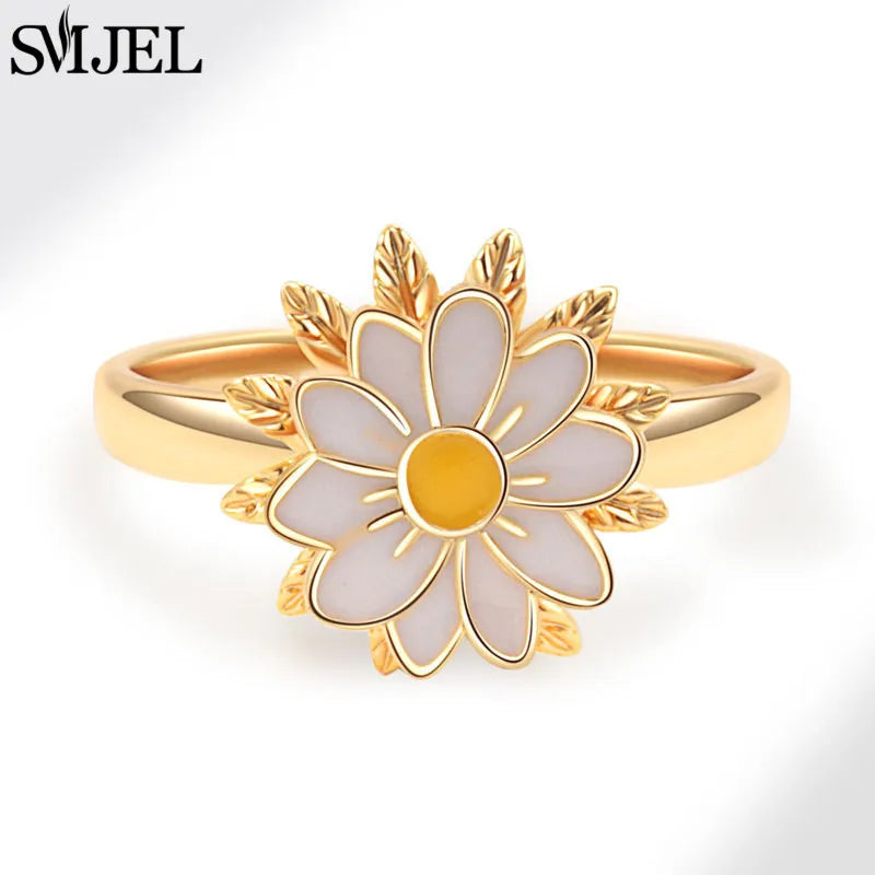 Bohemia Fidget Spinner Ring Anxiety for Women Multiple Crystal Flower Adjustable Open Rings Rotate Anti Stress Wedding Jewelry