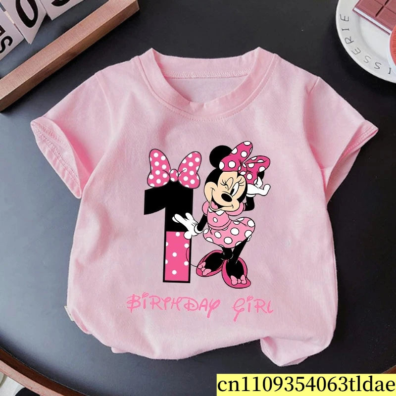 Minnie Mouse Girl Number T Shirt Pink Birthday Party Clothes Cartoon Toddler Cotton Tops Cute Short Sleeve Tees Kids Gift