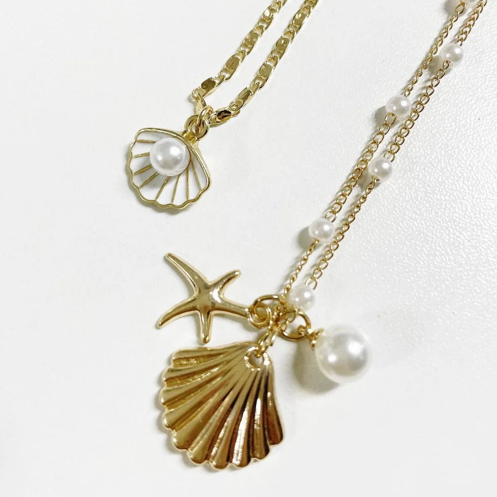 2-Piece Boho Gold Shell & Starfish Layered Necklace Set – Pearl Chain Women's Jewellery