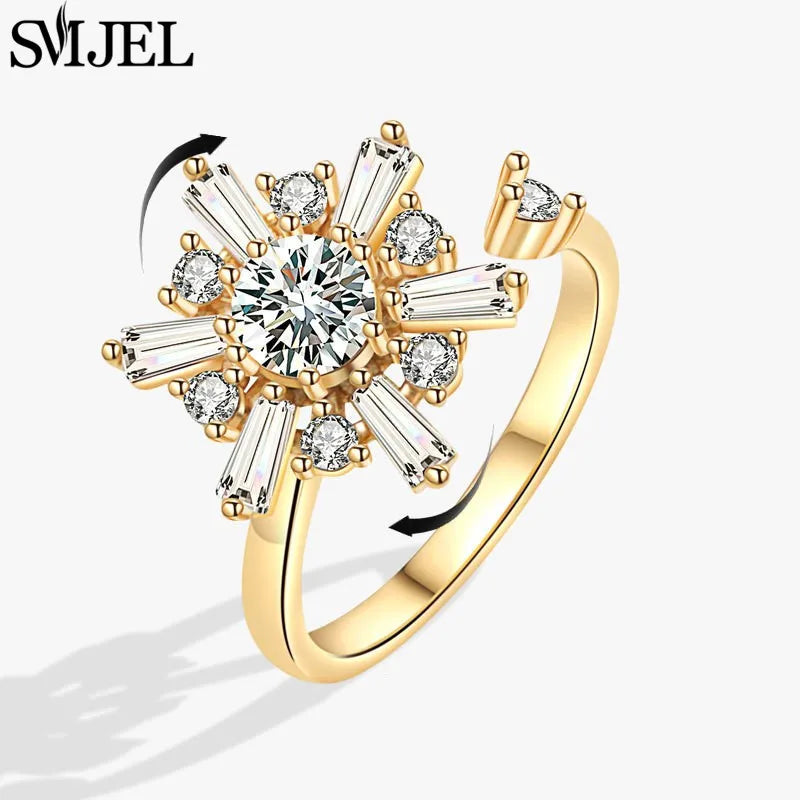 Bohemia Fidget Spinner Ring Anxiety for Women Multiple Crystal Flower Adjustable Open Rings Rotate Anti Stress Wedding Jewelry