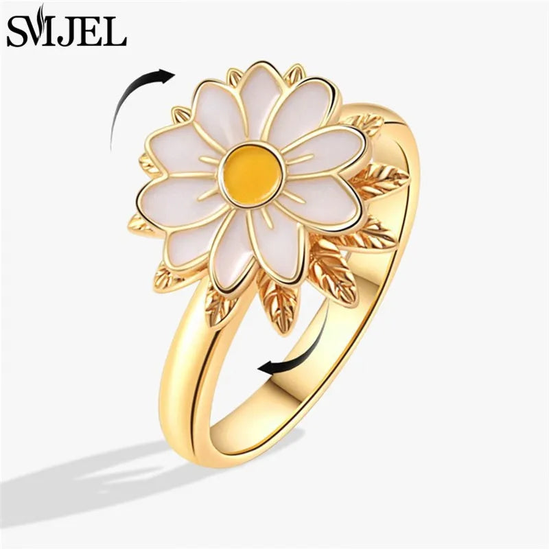 Bohemia Fidget Spinner Ring Anxiety for Women Multiple Crystal Flower Adjustable Open Rings Rotate Anti Stress Wedding Jewelry