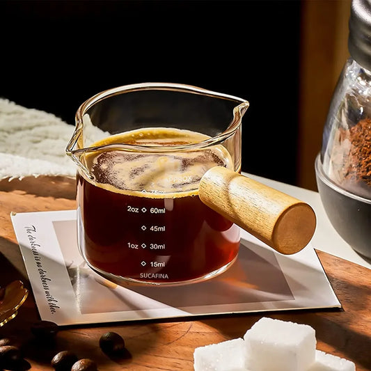 Glass Espresso Measuring Cup with Wooden Handle – Single & Double Shot Jug