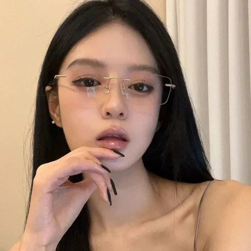 Square Rimless Eyeglasses Women Men Blue Light Blocking Glasses Designer Retro Shade Eyewear UV400 Silver Computer Glasses