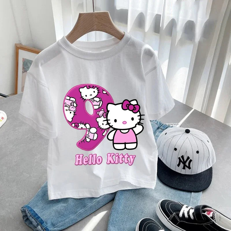 Hello Kitty Children Birthday Number 1-9 T-shirt Party Supply Gift Sanrio Cartoon Clothes Baby Tops Summer Short Sleeve T-shirts