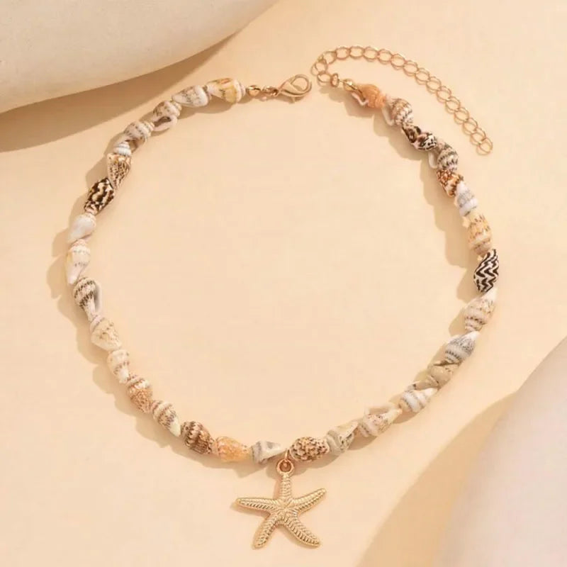 Handmade Seashell Beaded Choker – Starfish Pendant Ocean Inspired Necklace