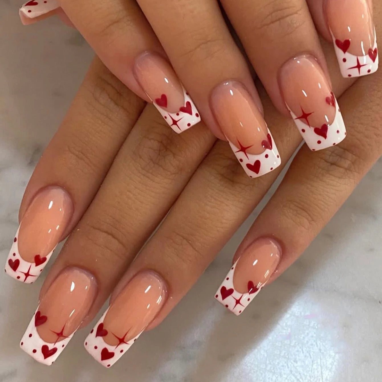 24 PCs Short Square French Heart Simple Nails with 1 Jelly Glue and 1 Nail File