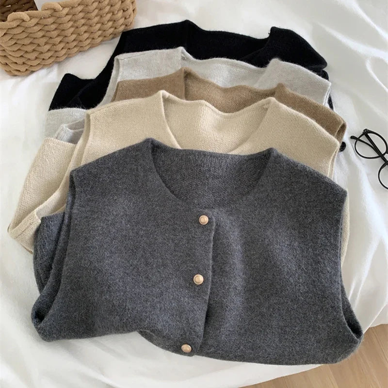 Dames Trui Vest Goudkleurige Knopen Gilet Zacht Gebreid Mouwloos Vest Jasje Top Herfst Winter Koreaanse Dames Chique Outfit