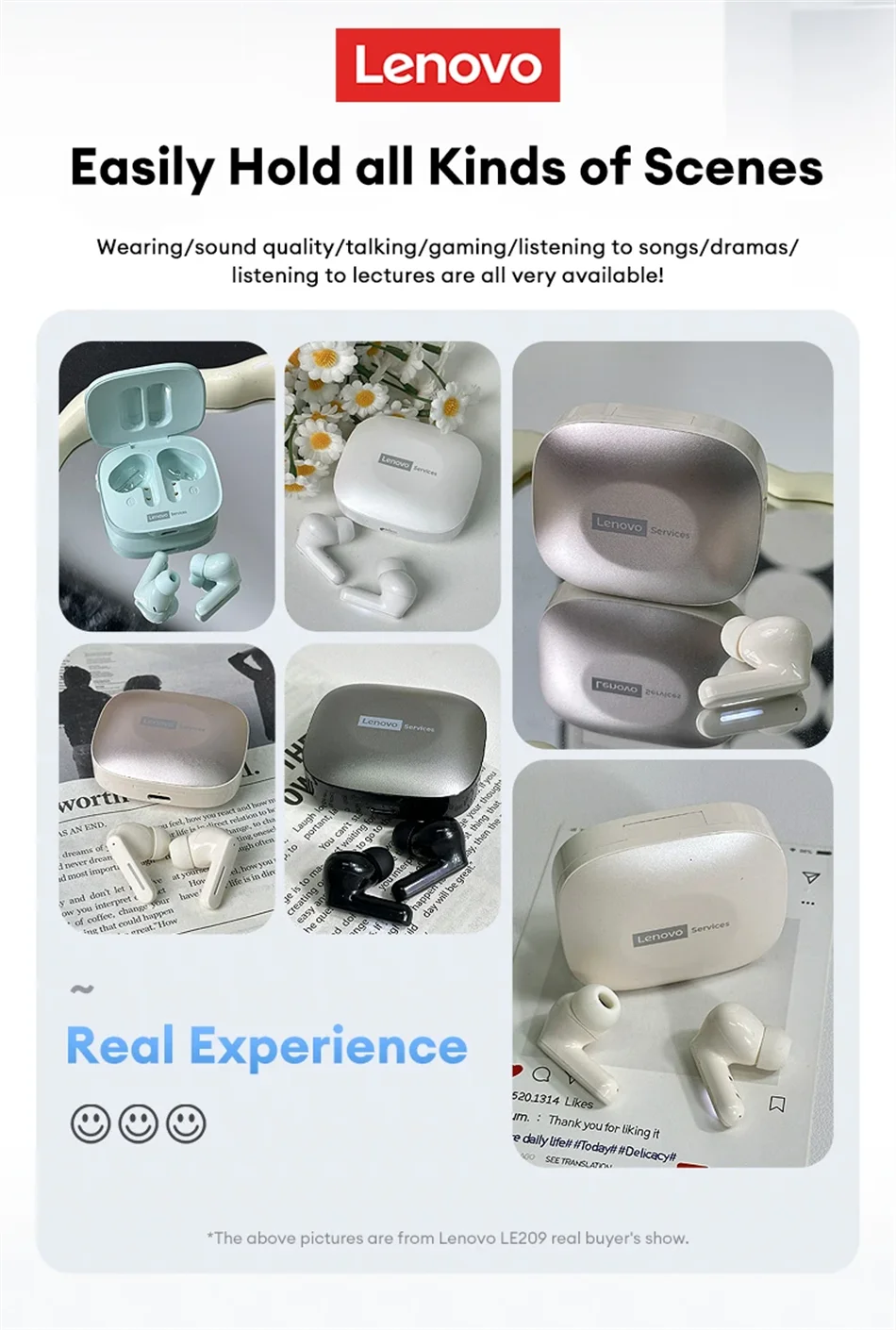 New Lenovo LE209 Wireless Bluetooth Earphone ANC Noise Reduction HiFi Music Bluetooth Headphone 30H Battery Life Gaming Headset