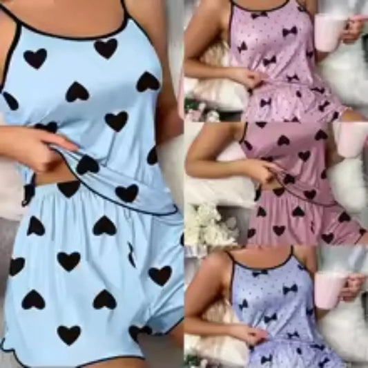 Dames IJszijden Loungewear Set met Hartjesprint – T-shirt & Korte Broek Zomerpyjama
