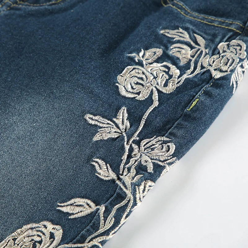 Women Retro Y2k Jeans Baggy Floral Embroidery Jeans Vintage 2000s Low Rise Flared Denim Pants High Street Basic Trousers