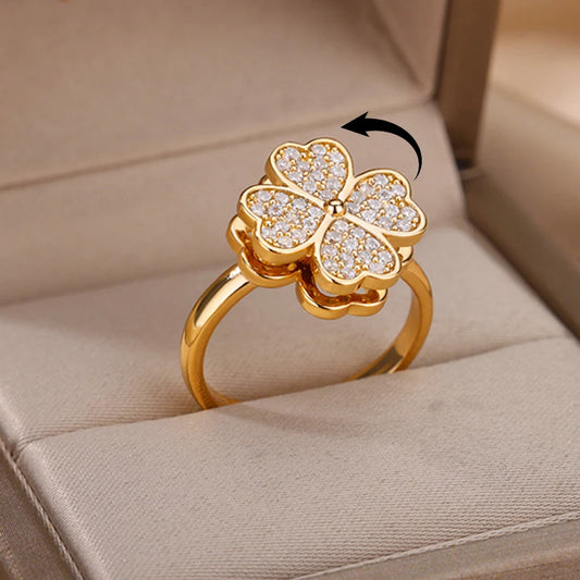 Zircon Four Leaf Clover Anti-Anxiety Fidget Spinner Ring