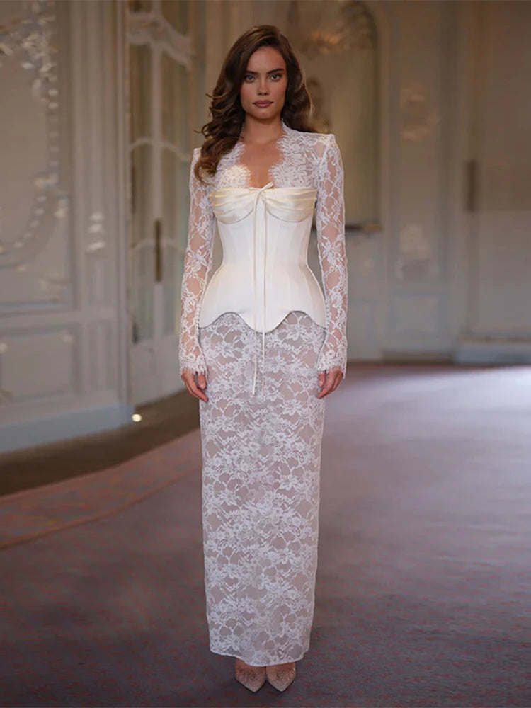 Lace Sheer Sweetheart Neck Maxi Dress Long Sleeve Corset Waist Mermaid Hem Bridal Gown 2026 Summer Elegant Form-Fitting Dresses