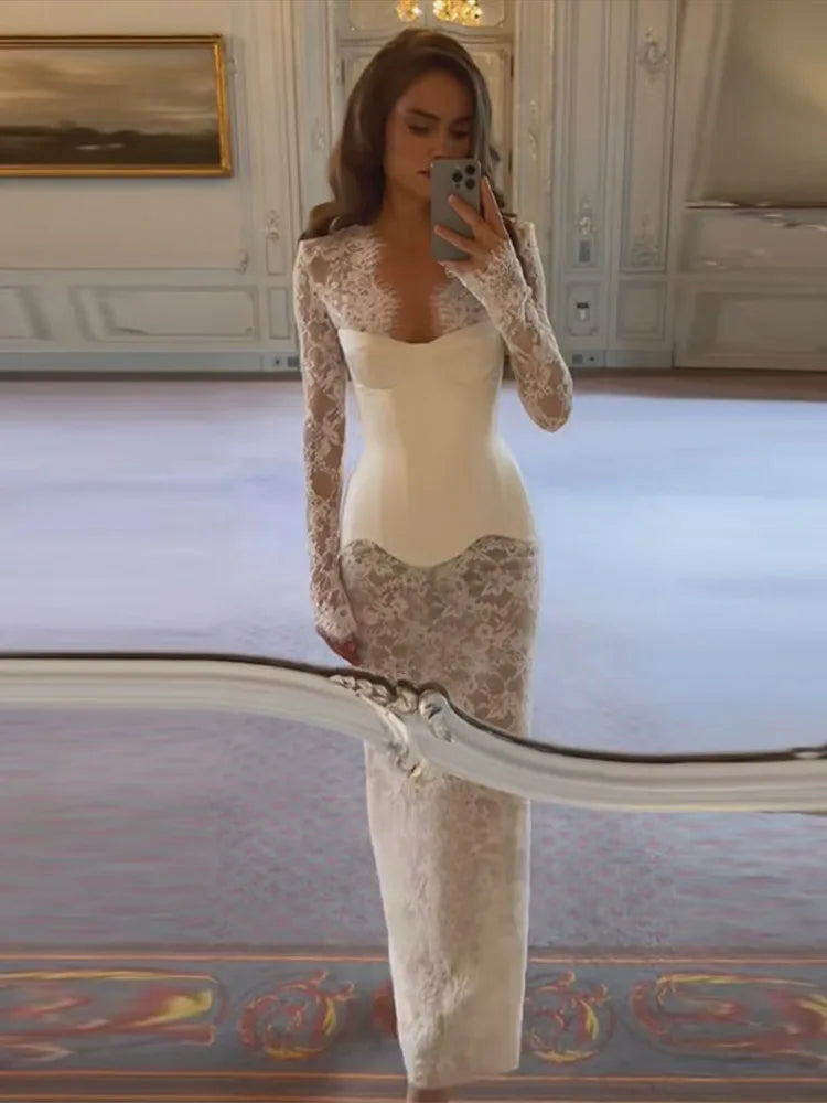 Lace Sheer Sweetheart Neck Maxi Dress Long Sleeve Corset Waist Mermaid Hem Bridal Gown 2026 Summer Elegant Form-Fitting Dresses