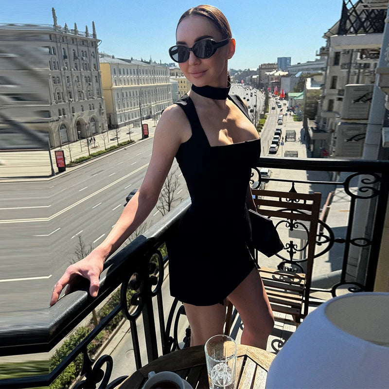 Elegant Printed Women's Dress Sleeveless Square Collar Waist-Closed Lady Mini Dresses With Waist Tape 2026 Summer Female Robe
