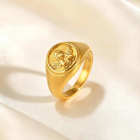 Gold Stainless Steel Cupid Angel Prayer Love Ring for Women
