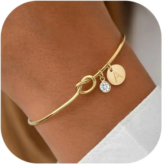 14K Gold Plated Initial Birthstone Bracelet – Love Knot Bangle for Women