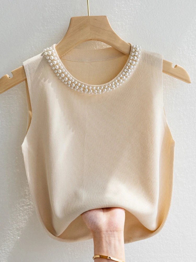 Korean Knitted Beaded Sleeveless Vest Top – Women's Casual Summer Fashion