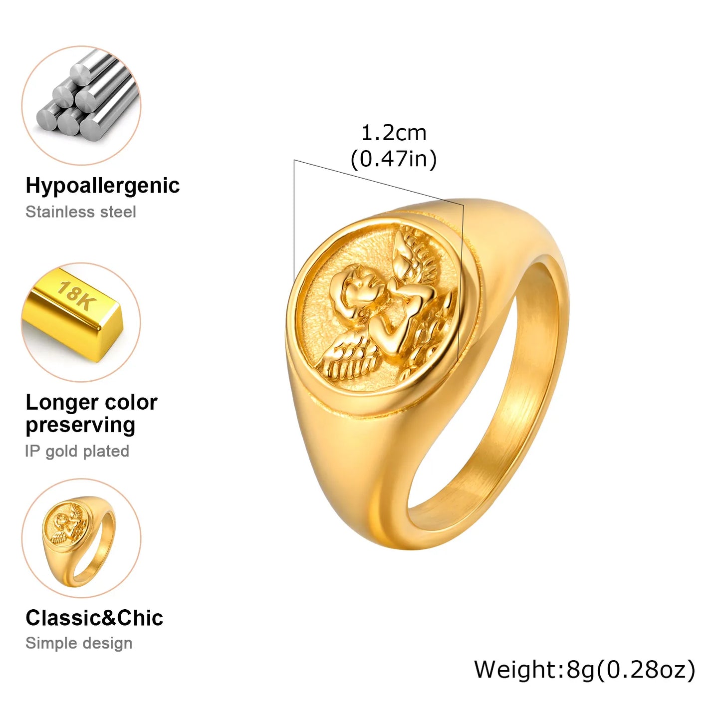 Stainless Steel Glossy Cupid Angel Ring for Women Gold Color Female's Prayer Love Rings Unique Jewelry Gift