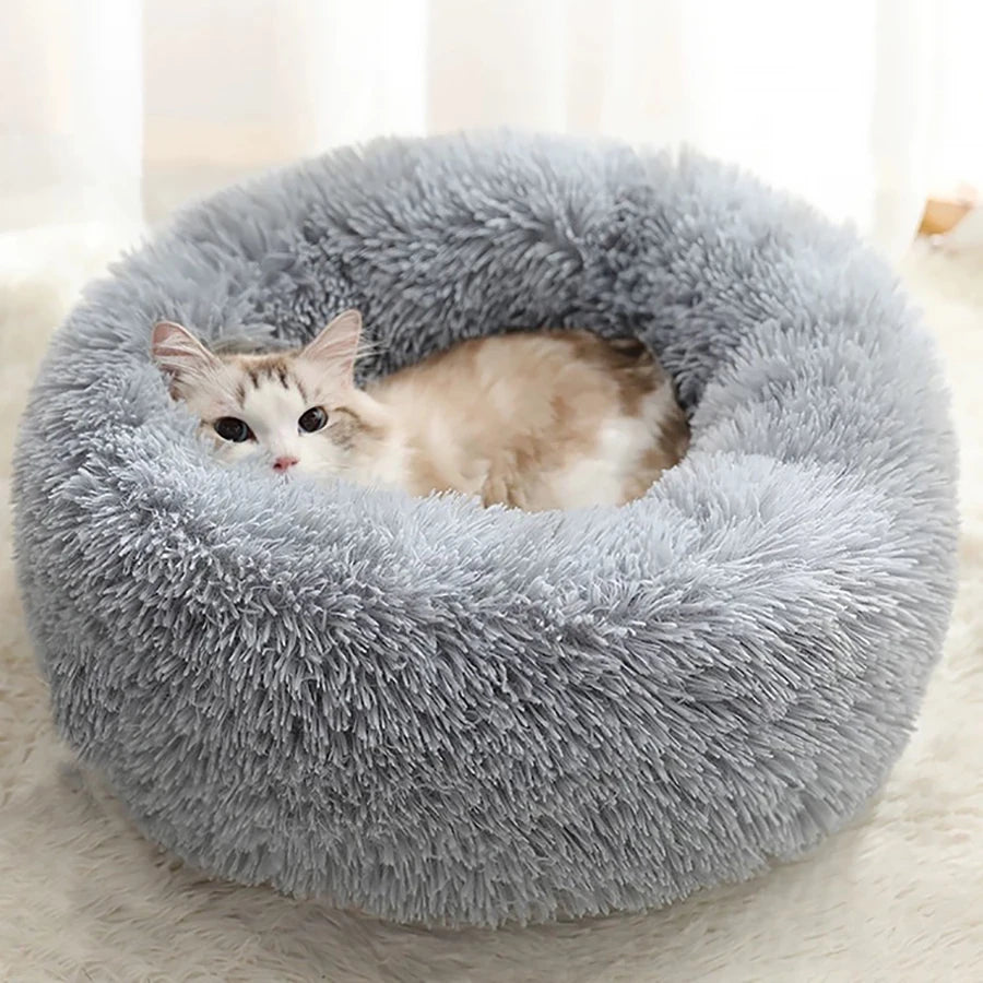 Soft Long Plush Cat House Beds dog Calm Warm Faux Fur Bed Donut Round Comfortable Sleeping Bed Washable for Small Medium Dog Cat