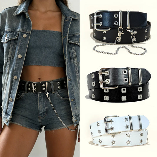 Retro Rivet Men's Belt – Y2K Hip-Hop Rock Punk Three-Row Needle Buckle