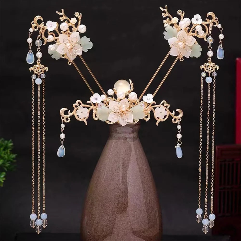 Chinese Long Hair Stick Tiara Headpiece Women Hair Accessories Flower Crystal Pearl Hair Pins Handmade Hanfu Hair Jewelry Set