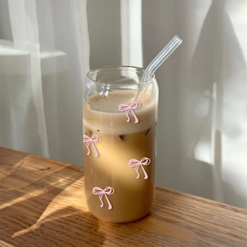 Pink Bow Glass Tumbler with Lid & Straw – 500ml Aesthetic Iced Drink Cup