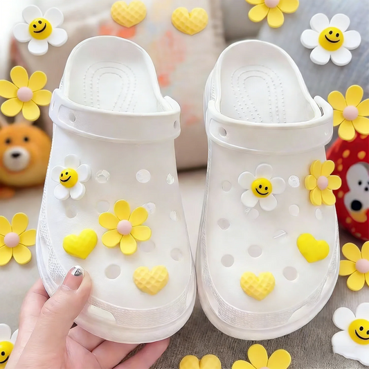 Yellow Aesthetic  Charms Set Cute Smiley Face Flower Heart Shoe Charms DIY Sweet Shoe Decorations for Sandals Wo
