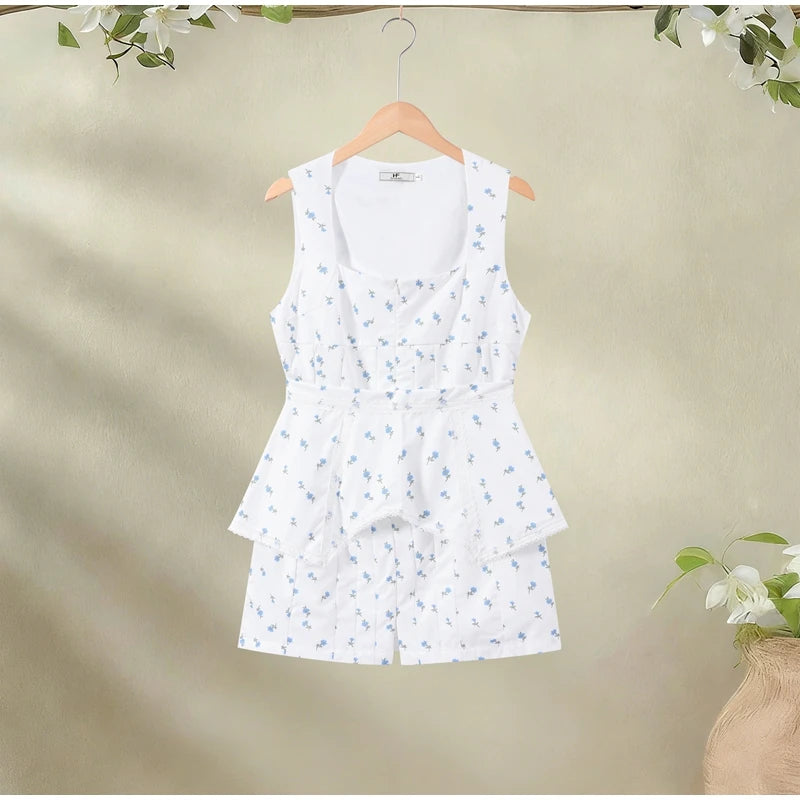 Elegant Printed Women's Dress Sleeveless Square Collar Waist-Closed Lady Mini Dresses With Waist Tape 2026 Summer Female Robe