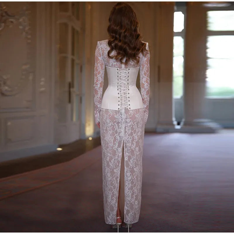 Lace Sheer Sweetheart Neck Maxi Dress Long Sleeve Corset Waist Mermaid Hem Bridal Gown 2026 Summer Elegant Form-Fitting Dresses