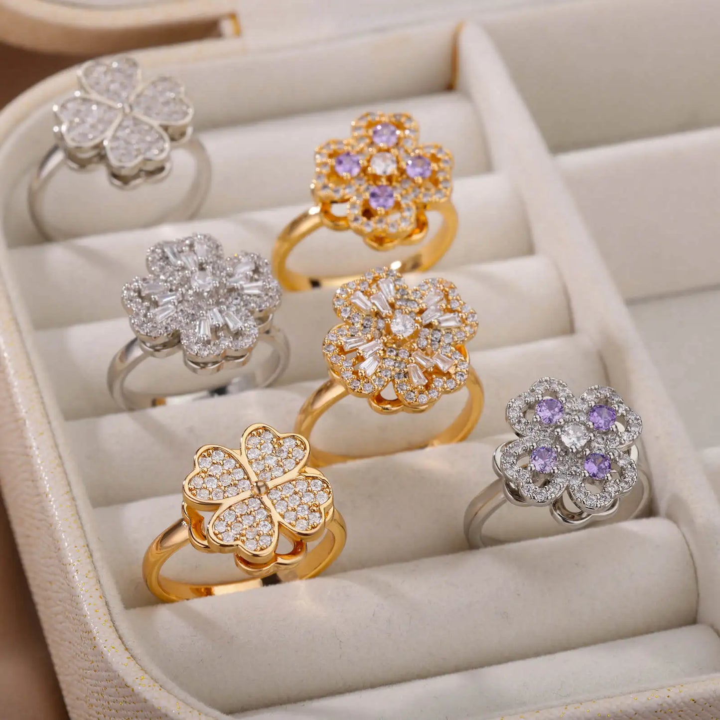 Spinner Zircon Heart Four Leaf Clover Rings For Women Stainless Steel Anti Stress Anxiety Fidget Ring Jewelry Christmas Gift