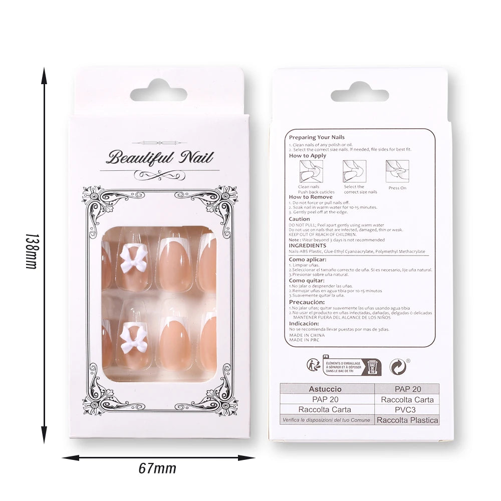 24Pcs White French Press On Nails 3D Bow Design Full Cover Wearable False Nails Short Square Head Ballet Fake Nails 2030